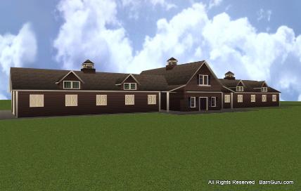 This horse barn design incorporates an office and living quarters