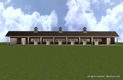 Shed row style horse barns or also known as breeze way horse barns